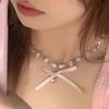 Pearls Pink Bow Necklace Zircon Balletcore Choker Elegant Bowknot Pendant Choker  Birthday Gift