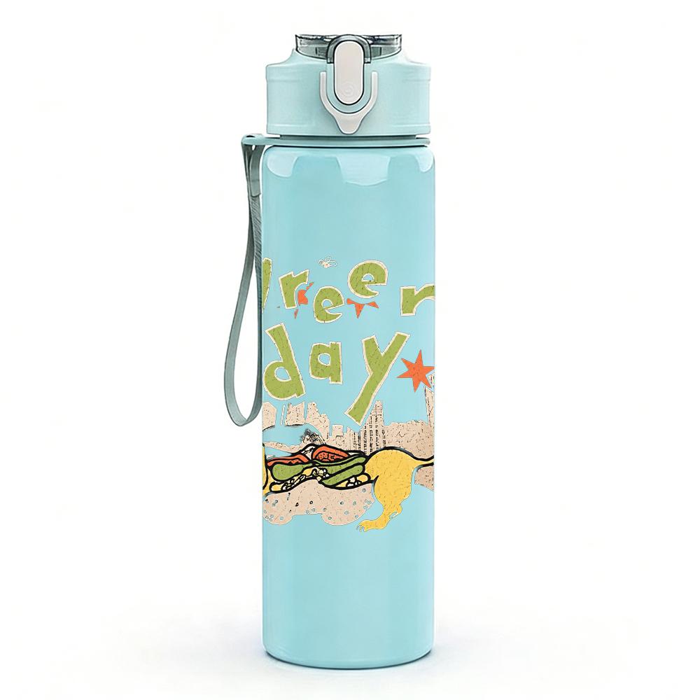 1PC Green Soup Minimalist Cartoon Text Print 750ml Portable Sports Water Bottle Leakproof Gym Outdoor Travel Drink Cup