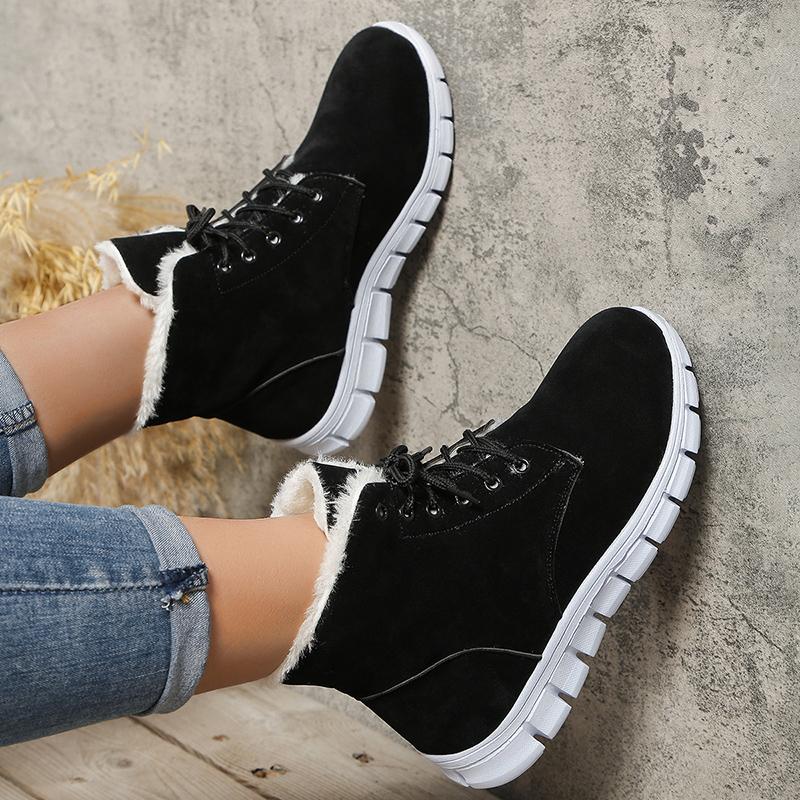 Black Faux Suede Lace Up Snow Boots Women Anti Slip Warm Short Plush Ankle Boots Woman Plus Size 43 Thick Sole Winter Shoes
