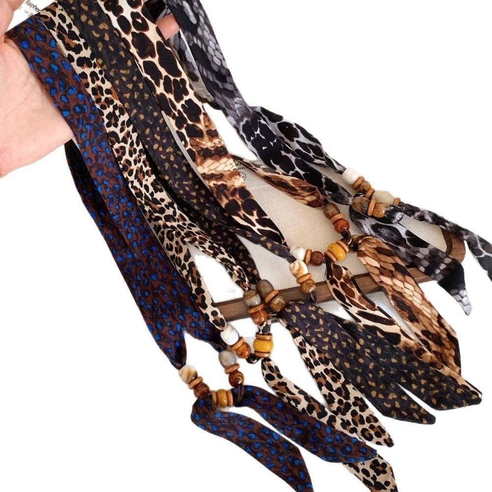 Print Pattern Beaded Scarf Leopard Print Sweater Chain Elegant Scarf Necklace  Women