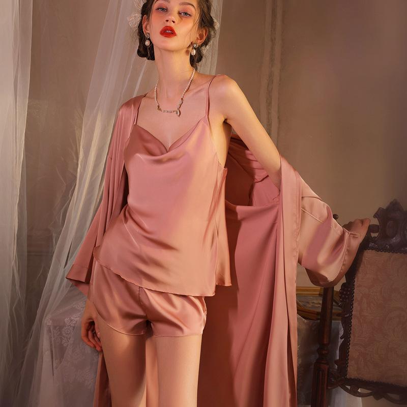 Women's spring and autumn morning robe ice silk suspender shorts new sexy pajama set nightgown summer fun pure desire