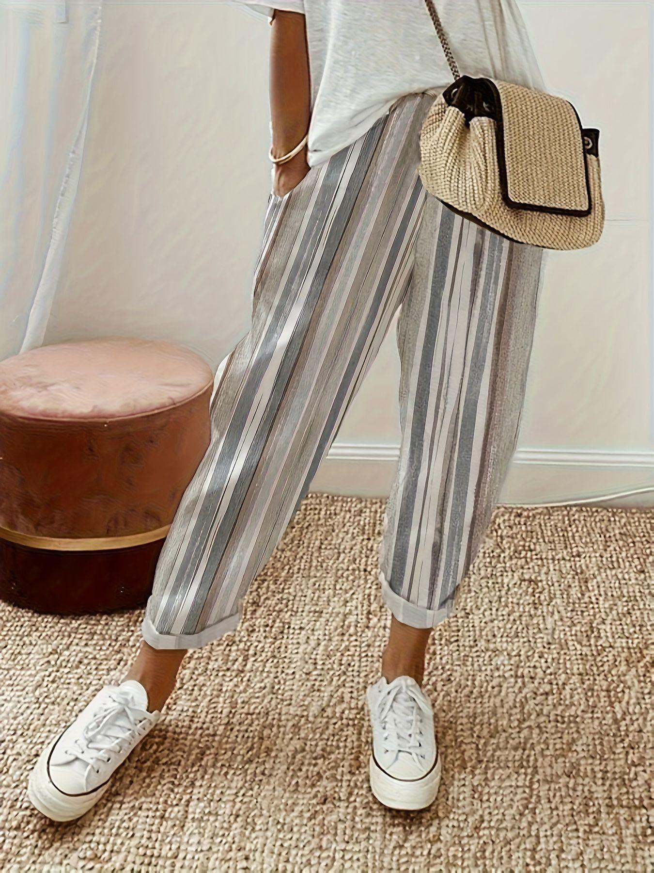 2024 Cross-border Amazon Standing Women s Printed Striped Casual Pants Women s Pants S