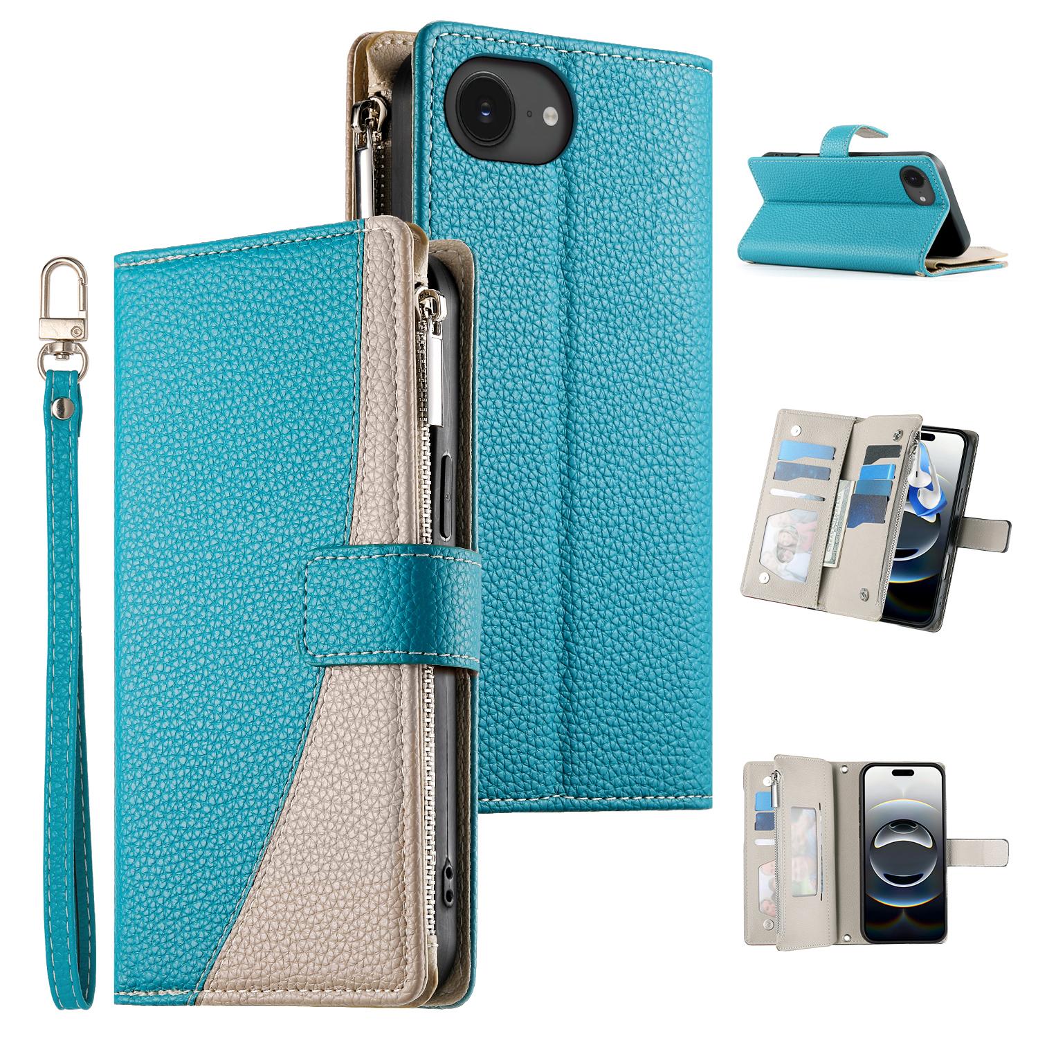 

For iPhone 16e Case Zipper Pocket Wallet Color Splicing Leather Flip Phone Cover with Straps Lake Blue