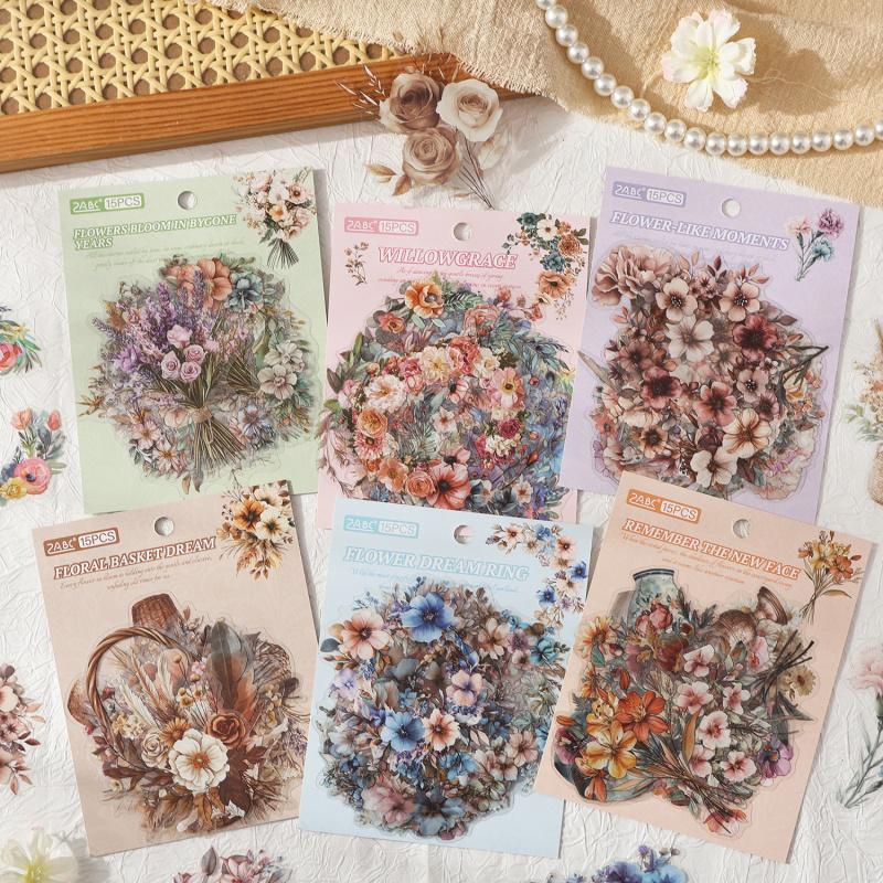 15-Sheet Retro Floral Bouquet & Vase Sticker Pack, Delicate Line Art & Soft Tones, Easy to Peel for Diary Accent & Creative