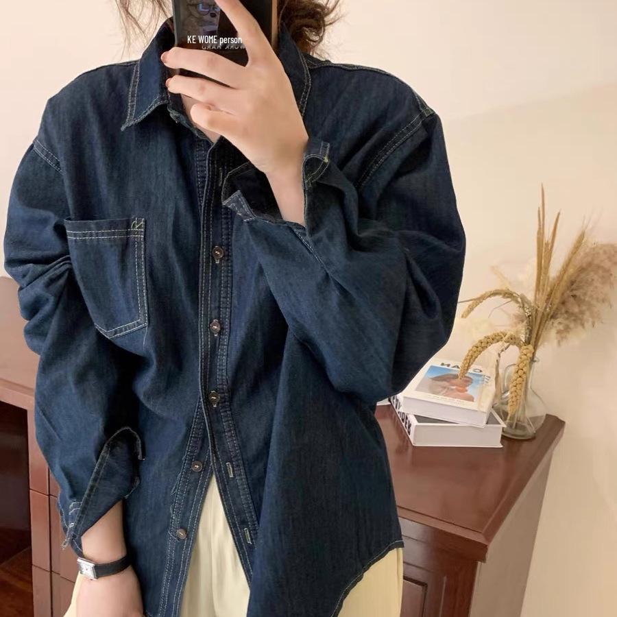 Женская ретро куртка-рубашка из искусственного денима с воротником-поло XL светло-синий