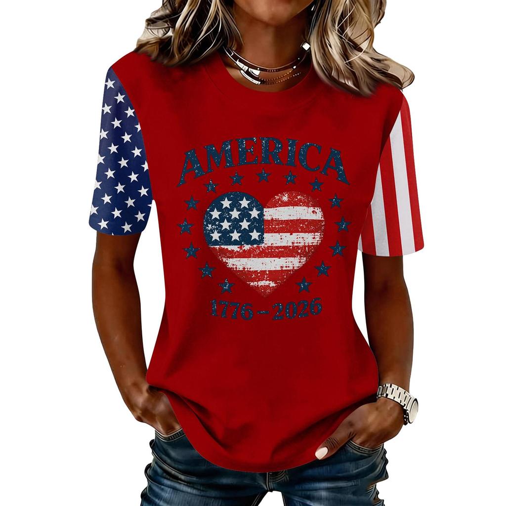 Blusa Feminina da Moda Casual de Manga Curta com Estampa e Gola Redonda