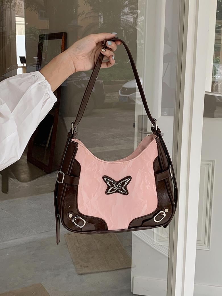 

Vintage Butterfly Women s Shoulder Bags Rivet Locomotive Cool Girls Underarm Bag Ctrast Color Female Crossbody Bag Handbags рожевий