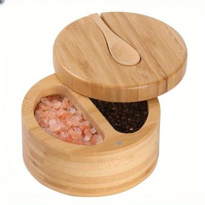 Eco-friendly Kitchen Products Bamboo Wood Triple Salt Spices Storage Container Box with Magnetic Swivel Lids