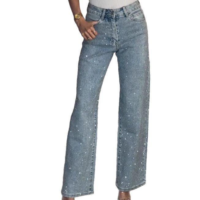 Women's Full Diamond Washed High-Waisted Straight-Leg Denim Pants