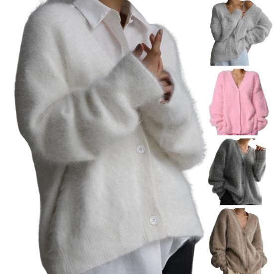 Women Knitting Coat V-Neck Long Sleeve Solid Color Single Breasted Sweater Coat Loose Fit Stretchy Outwear
