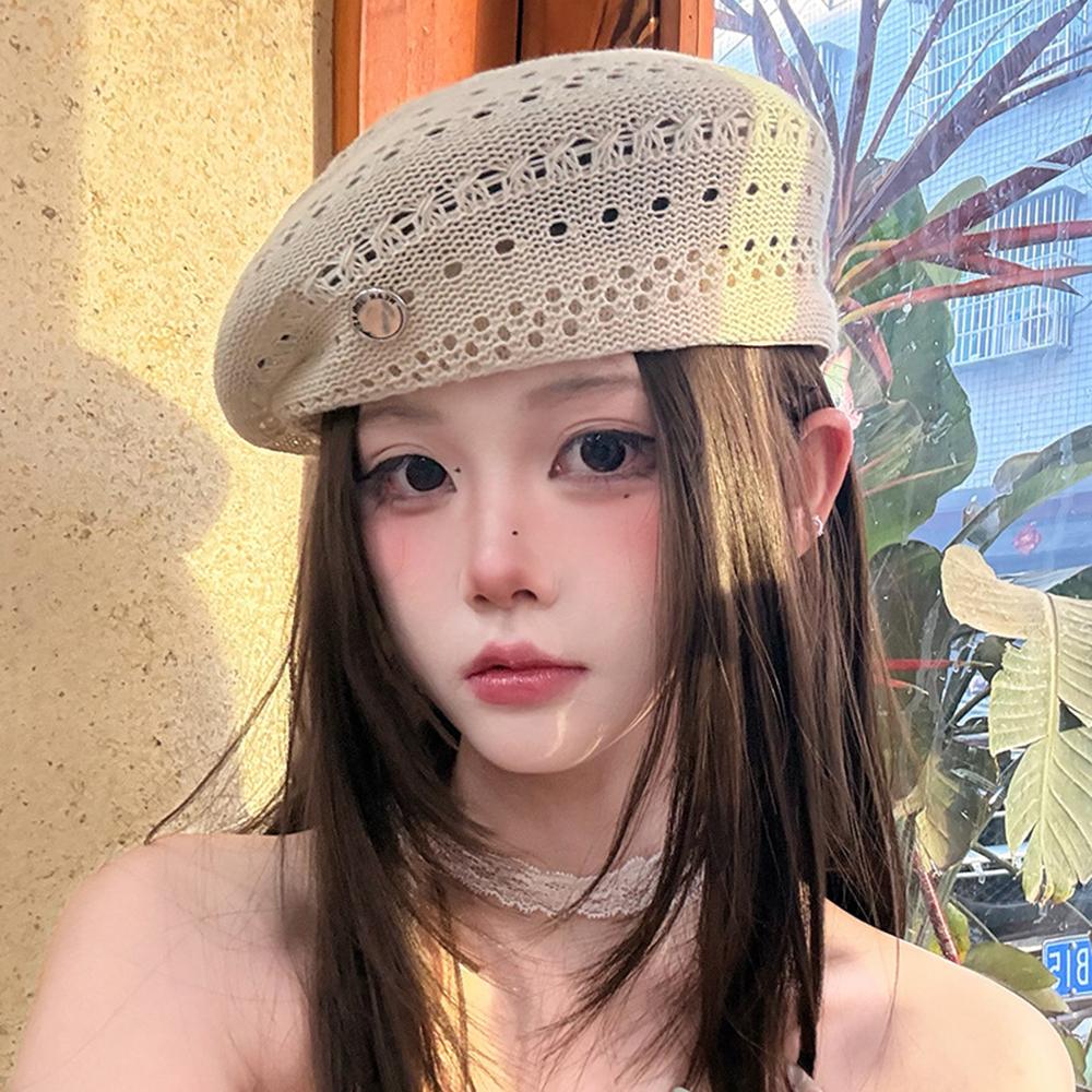 Korean Ins Hollow Knit Beret Hat Breathable Summer Lightweight Beanie Cap Versatile Thin Knitted Painter Caps Fashion Sun Hats