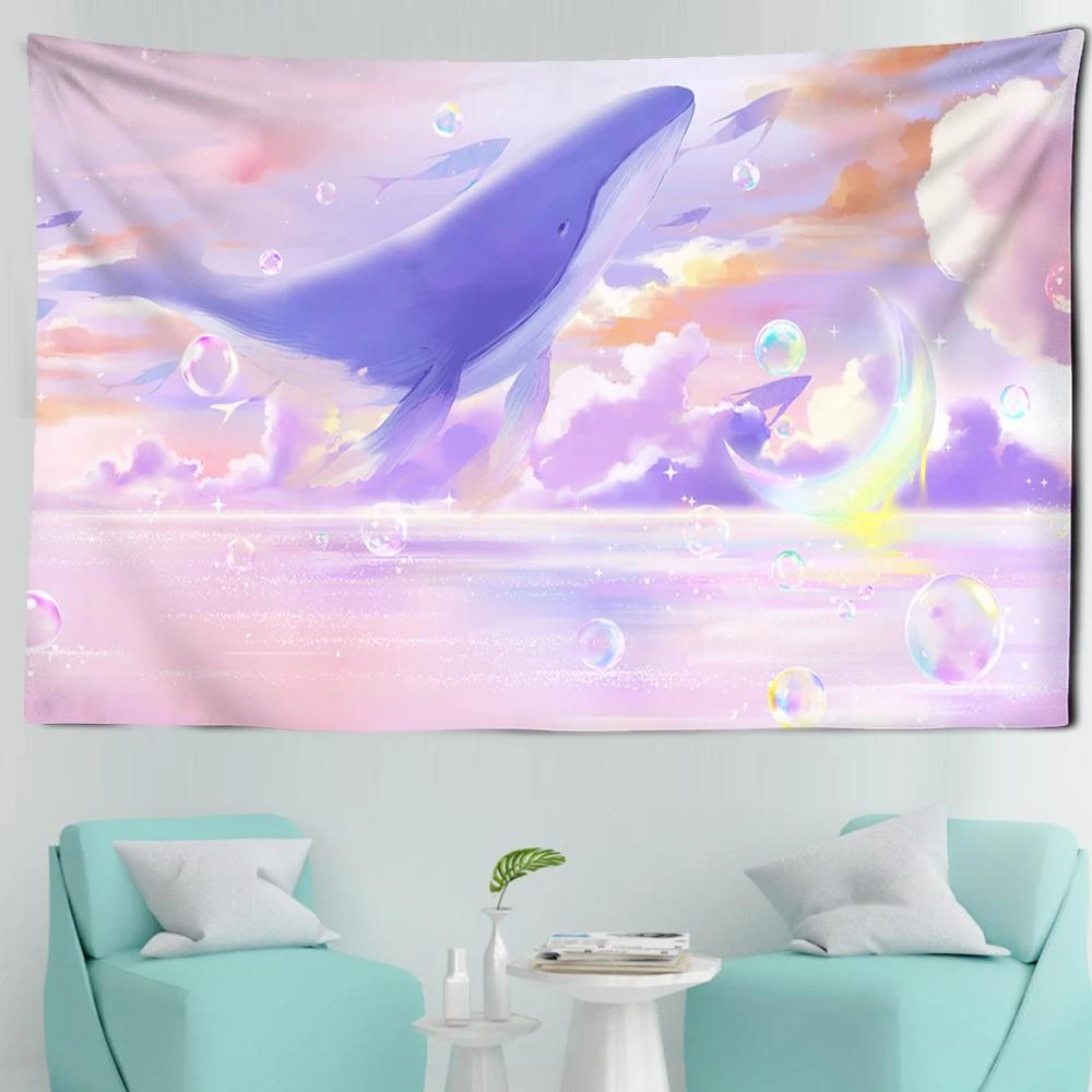 Tapestry Aesthetics Cartoon  Sky Dolphin  Pink Purple Cloud  Bedroom Wall Home Decoration
