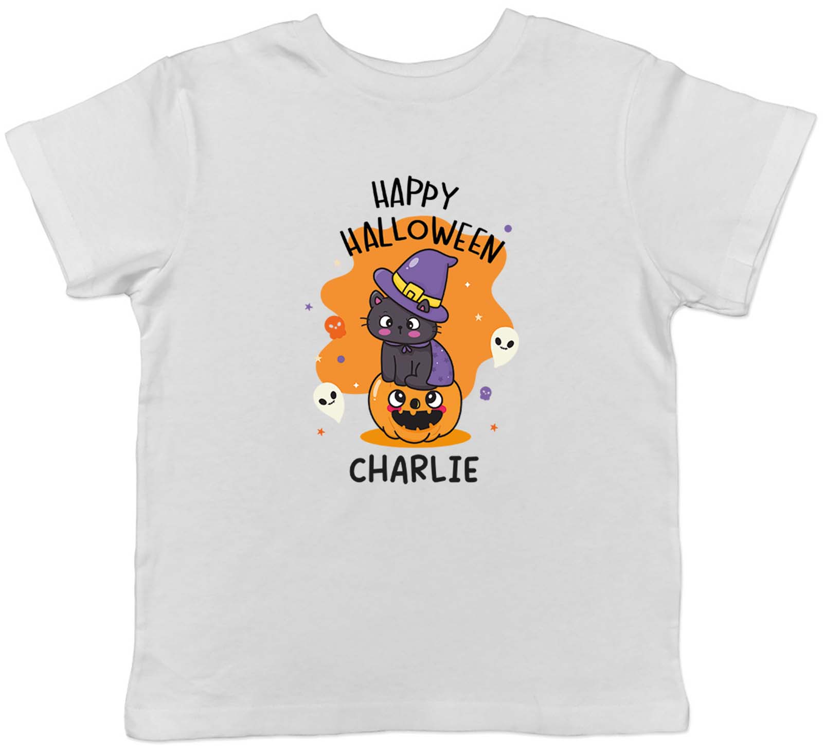 Personalised Happy Halloween Cat Pumpkin Ghost Childrens T-Shirt Boys Girls Gift 160