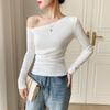 Off-the-Shoulder Ribbed Cotton Slim-Fit Top for Women - Autumn/Winter Collection