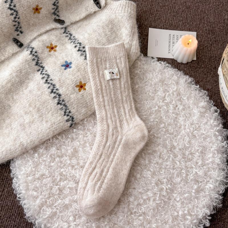 Wool Fabric Label Sausage Dog Pile Socks Children's Winter and Autumn Thick and Warm Women's Mid-calf Socks College Style Maternity Socks
