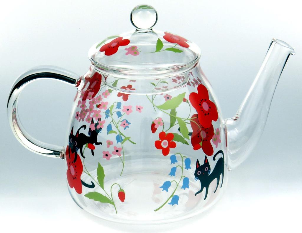 NEKO Nyago Heat-Resistant Glass Teapot, Approx. 530ml (with Tea Strainer), Flower and Cat Design, Cute Gift for Humans, White Day, Birthday, NKH-1009