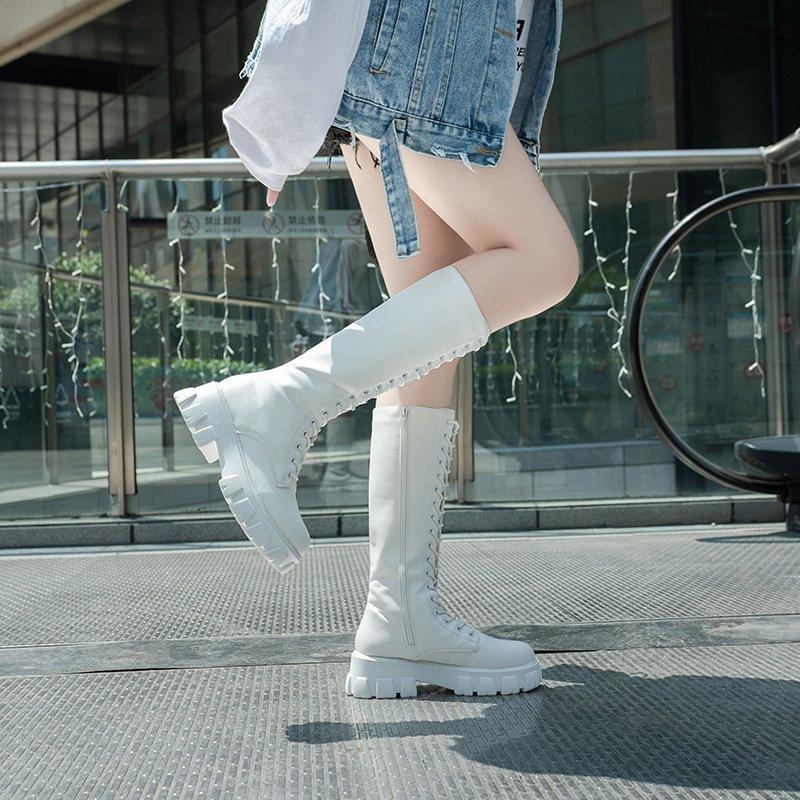 Aphixta 2025 Winter Shoes Women's Long High Boots White PU Leather Knee High Boots Female Lace Up Platform Botas Mujer
