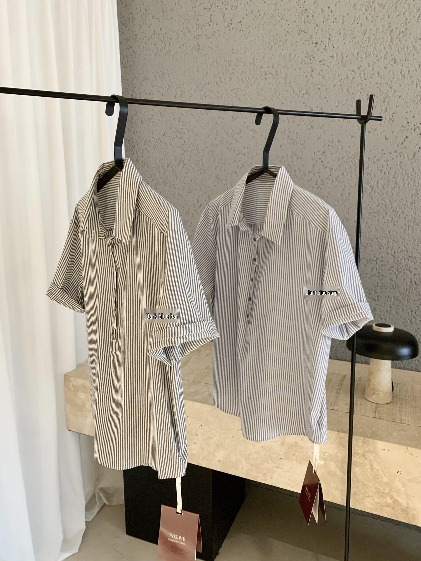 

Women s Striped Short Sleeve Lapel Shirt - Spring/Summer Trendy Versatile Top (WGWE8809) One Size темно-синий