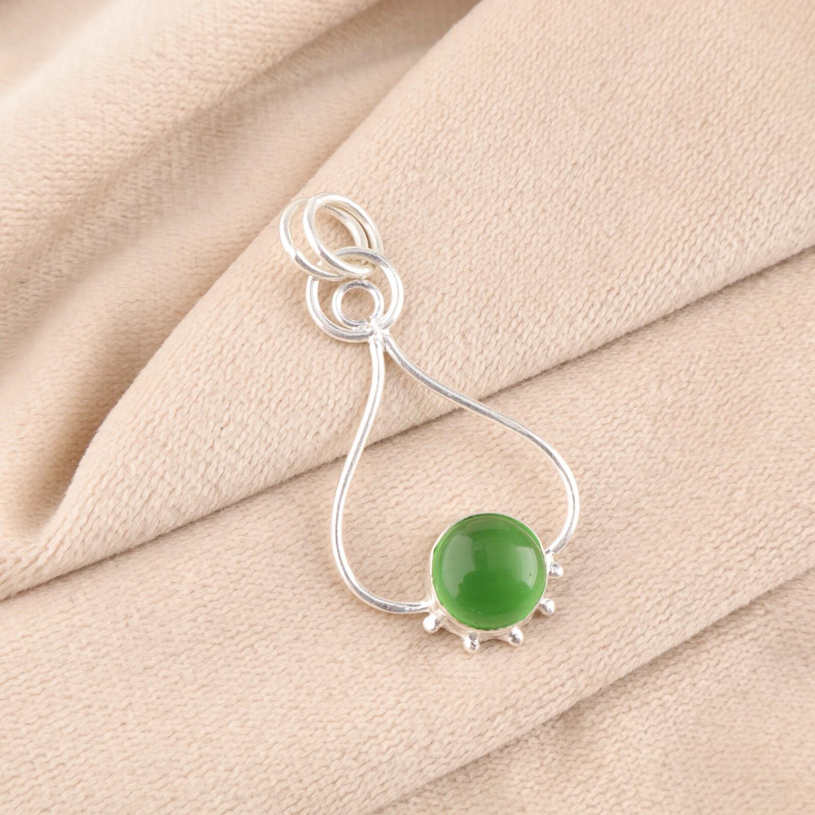 

Natural Green Cat s Eye Gemstone 925 Solid Silver Jewelry Light Weight Pendant PP-40-44