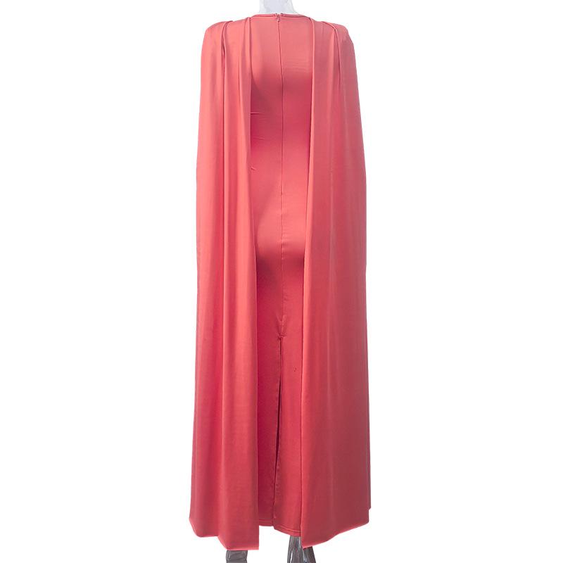 Elegant European Style Autumn/Winter Women's Evening Gown - Solid Color, Pleated, Round Neck, Waist-Cinched Skirt
