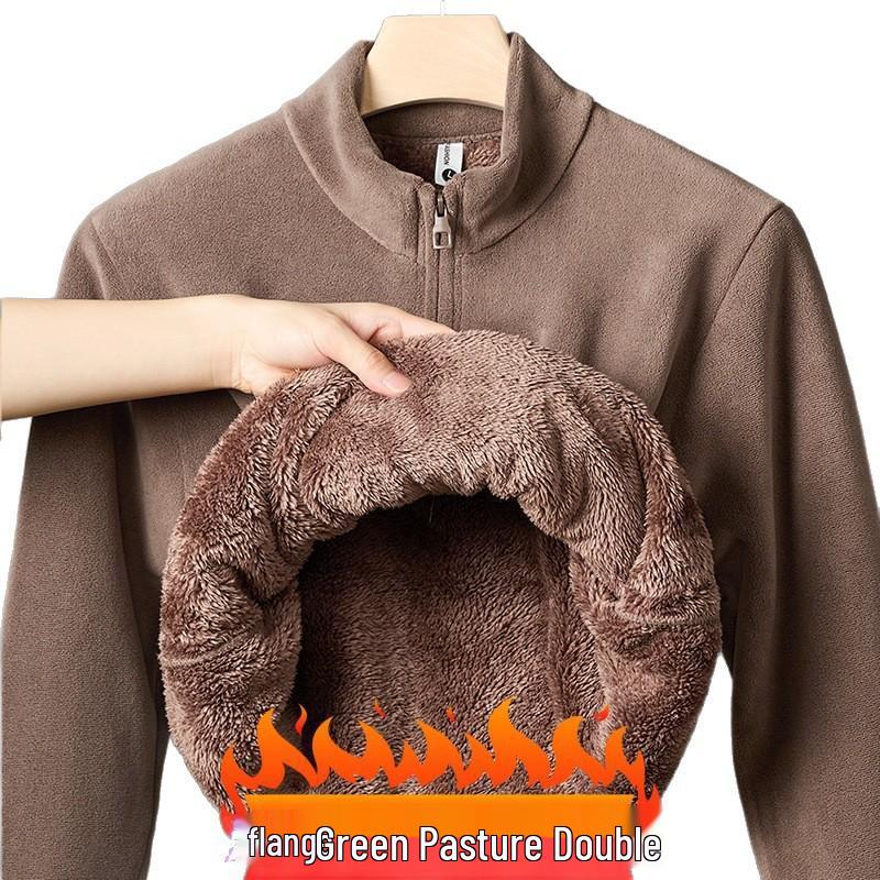2025 Winter Men's Ollie Fleece Flannel Half-Zip Stand Collar Hoodie with Plus Velvet for Warmth and Cold Protection