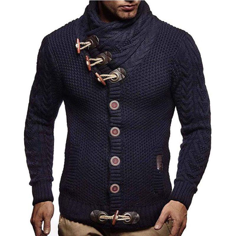Elegant Men Long Sleeve Knitted Sweater With Horn Buttons And Turtleneck Coat Cardigan