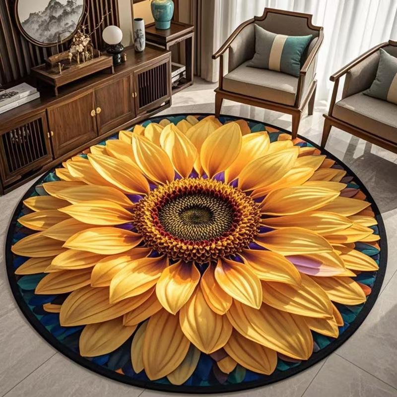 Round Carpet Mat New 3D Visual Illusion Sunflower Rug Floor Mats For Bedroom Living Room Decoration Creative Rugs Floral Pattern