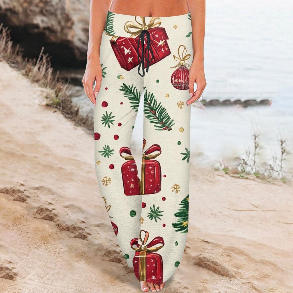 Women's Comfortable Sleeper Pants Christmas Printed Drawstring Wide Leg Pants Casual Pants