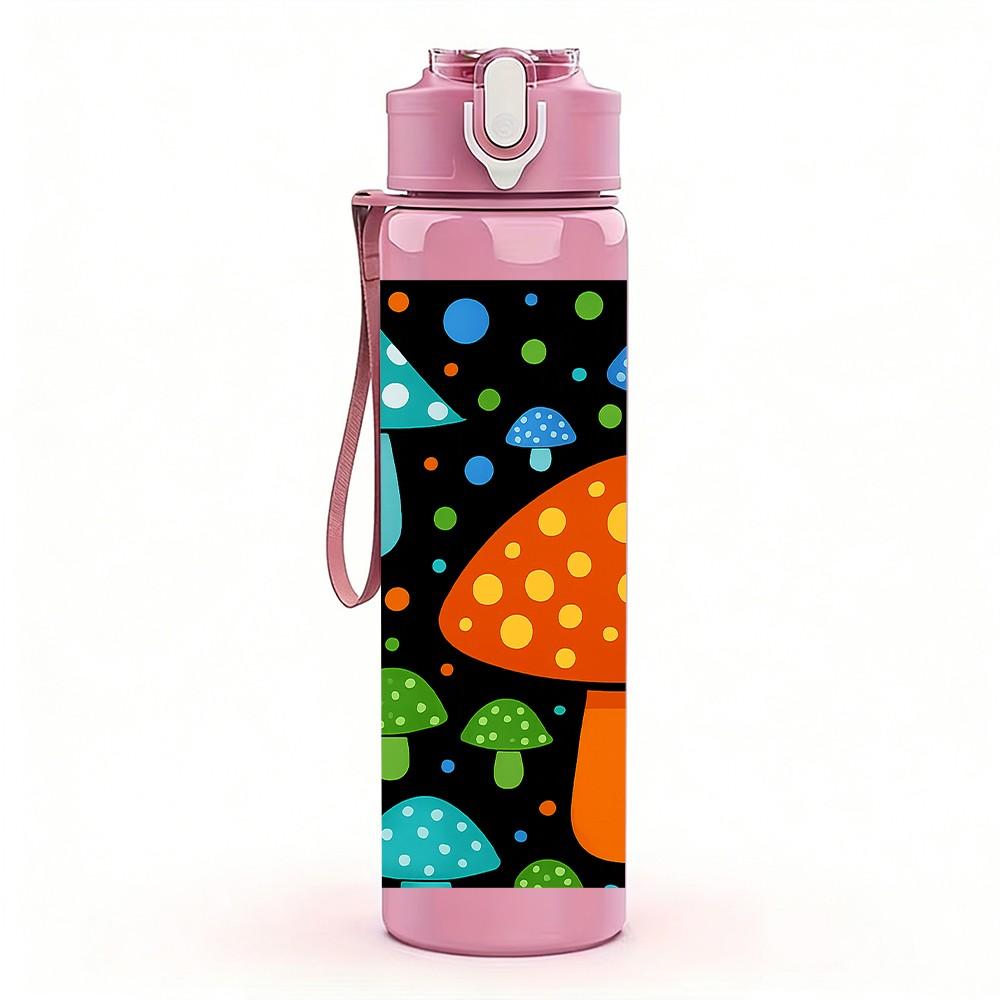 1PC Colorful Mushroom Fantasy Cartoon Print 750ml Color Plastic Sports Water Bottle Leakproof Flip Straw Lid Suitable for Sports Office Home Use
