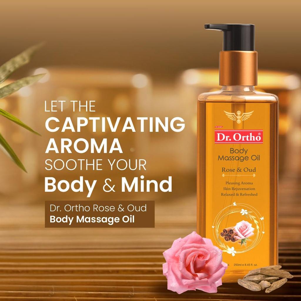 Dr.Ortho Rose & Oud Body Massage Oil 250ml Pack of 1 | Relaxing Aromatic Oil for Muscles & Skin