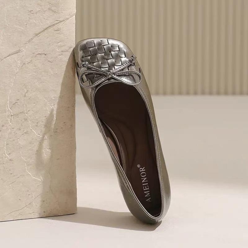 Retro bow ballet flats autumn new soft leather comfortable versatile women's shallow mouth single shoes