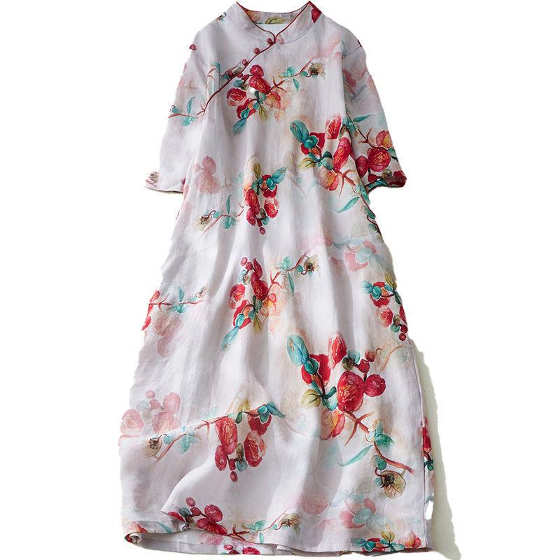 Japanese original literary and retro cotton and linen dress loose printing Chinese diagonal placket improved cheongsam long dress pomegranate red