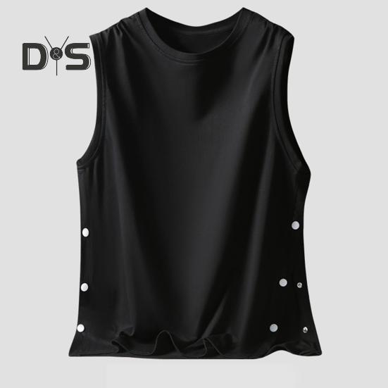 Men Vest Sleeveless Round Neck Loose Fit Tank Tops with Side Buckles Closure Solid Color Casual Tops Summer Wear
