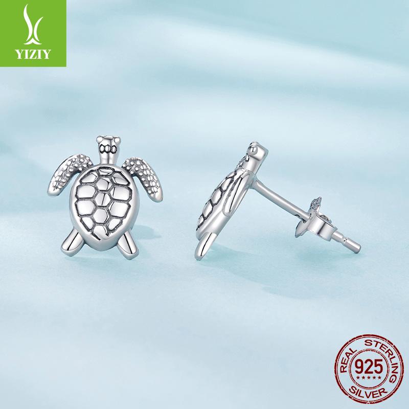 Personalized Turtle Plain Silver Stud Earrings For Men And Women Retro Texture S925 Sterling Silver Stud Earrings