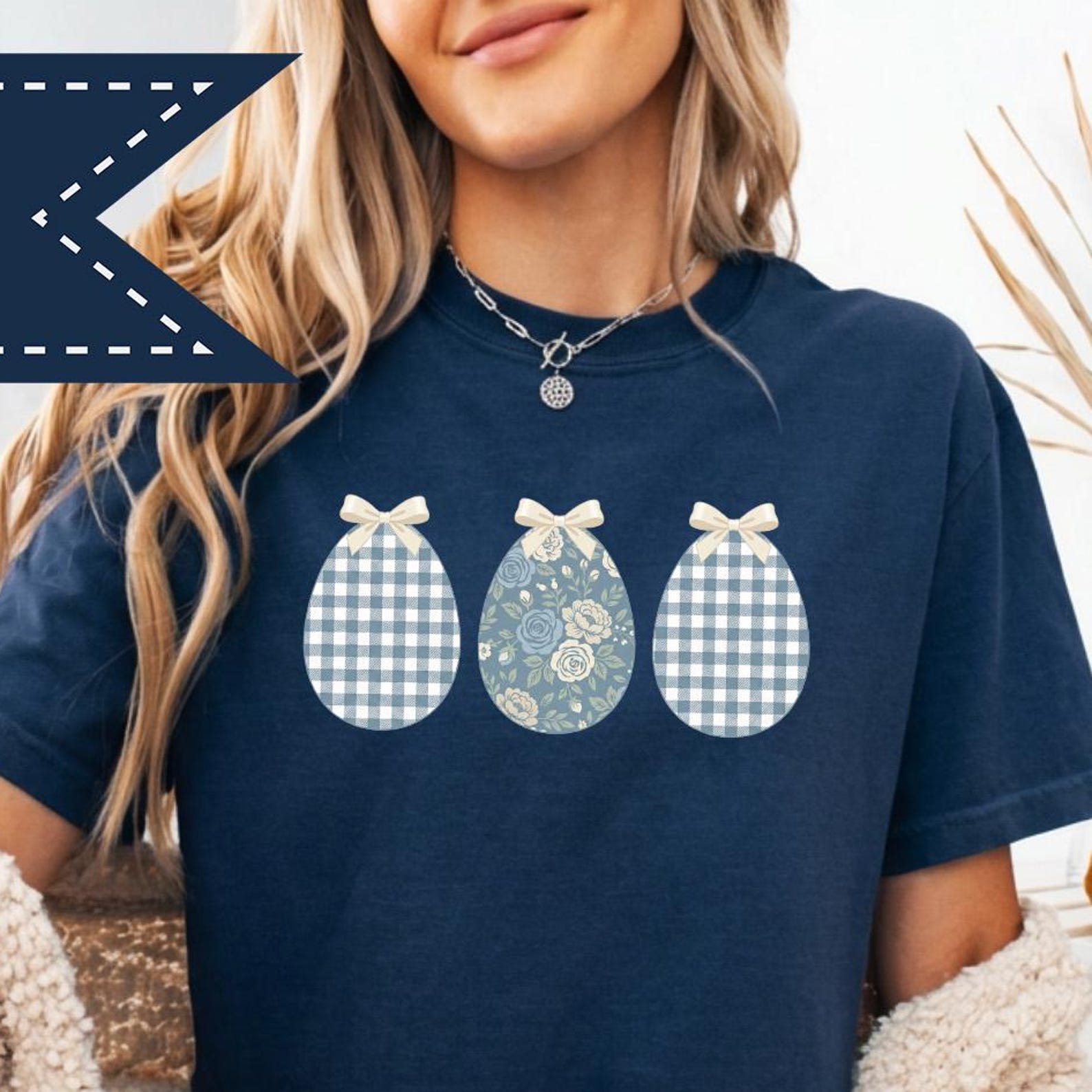 Easter Egg T-Shirt, Happy Easter Day T-Shirt, Gingham Floral Graphic Tee, Coquette Bow Easter Shirt, Easter Crewneck S