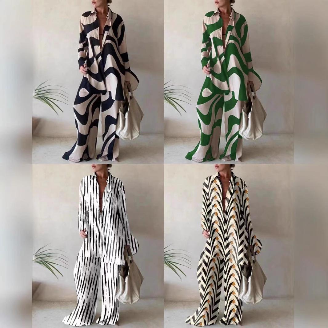 

2022 Women s Fashion Print Set: Loose Long-Sleeve Shirt + Straight-Leg Pants Small