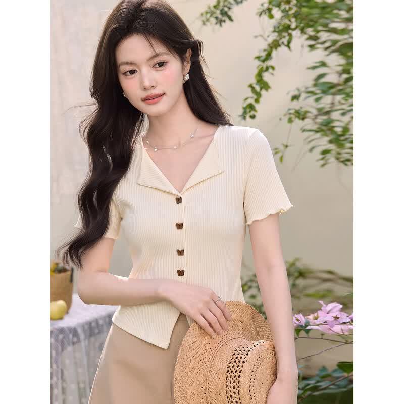Lu Xiangnan French Chic V-Neck Short Sleeve T-Shirt S абрикосовый