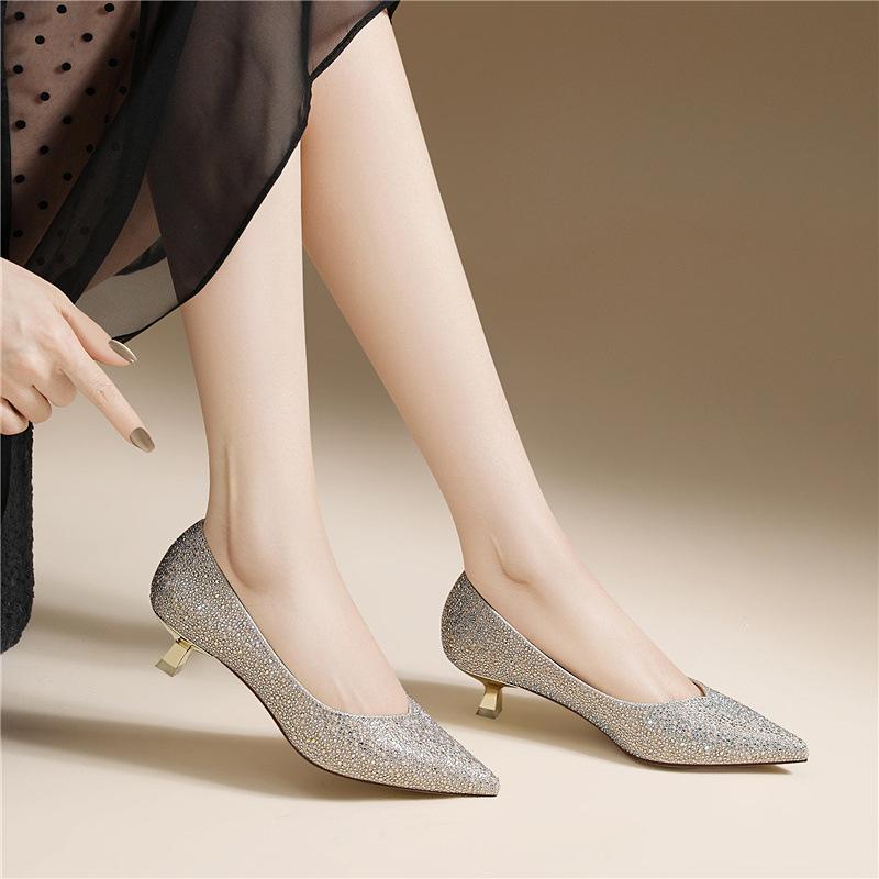 Rhinestone light luxury silver high heels fashion professional one-pedal single shoes women's high-end sense fine heel versatile daily women's shoes