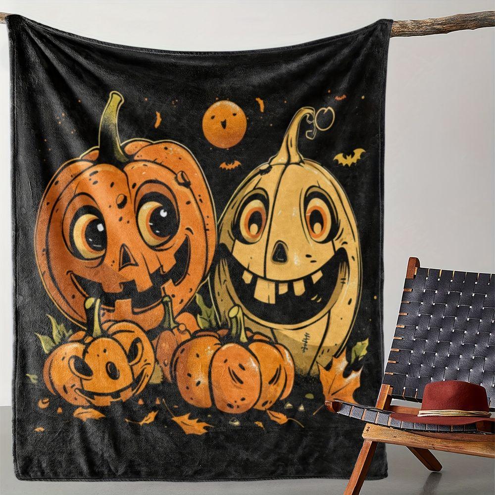 Cute Pumpkin Pattern Flannel Throw Blanket Soft Fleece Bed Sofa Cover, Cozy Lightweight Decorative Throw for Halloween Party Autumn Home Decor