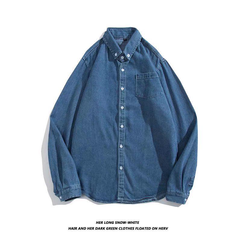 2026 Autumn Men s Hong Kong Style Retro Denim Long-Sleeve Casual Loose Shirt M темно-синий