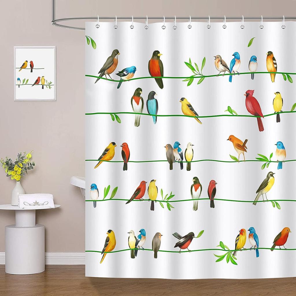 Tropical Birds Floral Shower Curtains Parrot Toucan Green Leaves Plants Flowers Nature Jungle Scenery Bathroom Decor with Hooks
