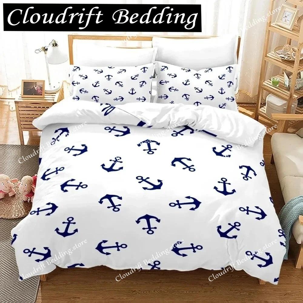 Anchor Duvet Cover Set,Nautical Classic Colors And Anchors Simplistic Design Sailor Ship Polyester Fashion Bedding Set