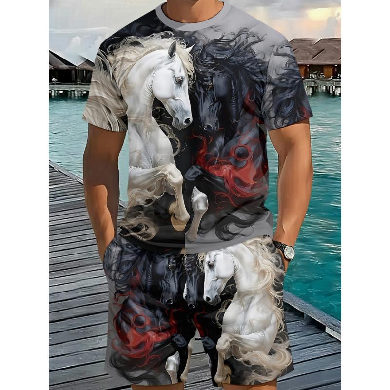 Men s Eye-Catching Summer Set: Printed Tee with Horse Motif & Matching Shorts. Trendy Loose Fit for Plus Size Men - Holiday Wear S разноцветный