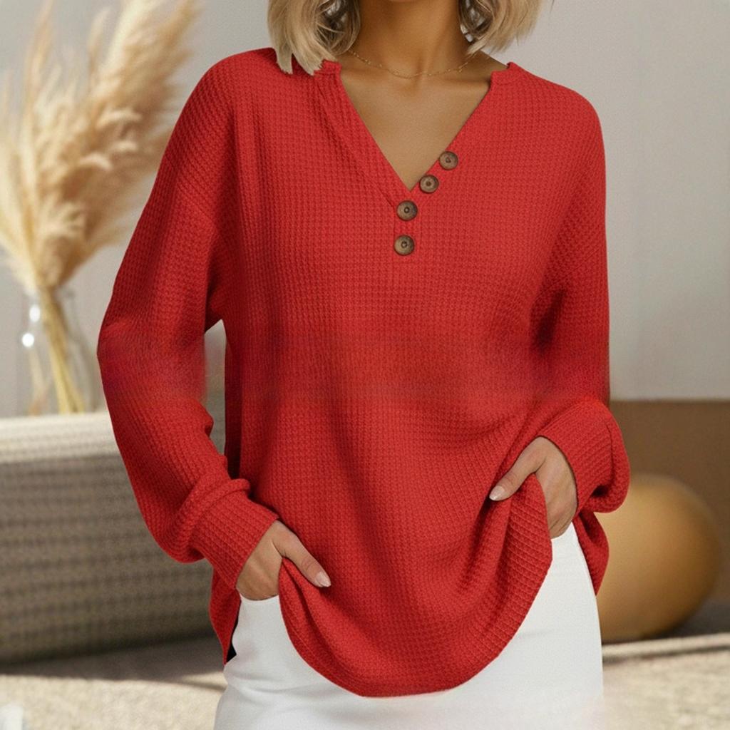 TIFICY Women's Fashion Casual Spring Autumn Solid Color Print Long Sleeve V-Neck Blouses & Shirts