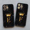 Crown Letter A To Z Phone Case For Iphone 16 13 14 15 Pro Max 11 12 8 7 Plus SE20 X XR XS Marble Pattern Black Shockproof Cover