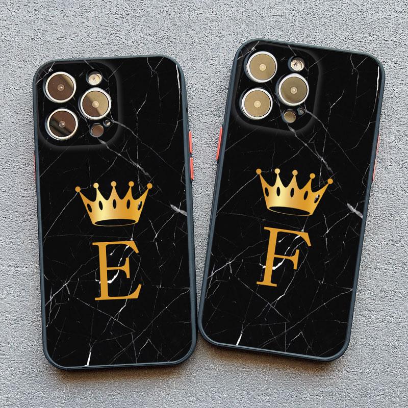 Crown Letter A To Z Phone Case For Iphone 16 13 14 15 Pro Max 11 12 8 7 Plus SE20 X XR XS Marble Pattern Black Shockproof Cover