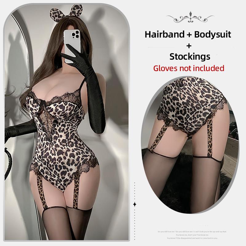 Sexy Underwear Pure Desire Lace Perspective Leopard Girl Seduction Sexy Conjoined Explosion Pajamas