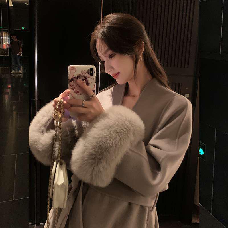 Women's Mid-Length Double-Faced Cashmere Coat with Fox Fur Cuffs for 2025 Autumn/Winter