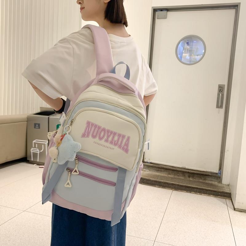 Women's Nylon Backpack Letter Large Capacity Student Schoolbag Color Block Backpack