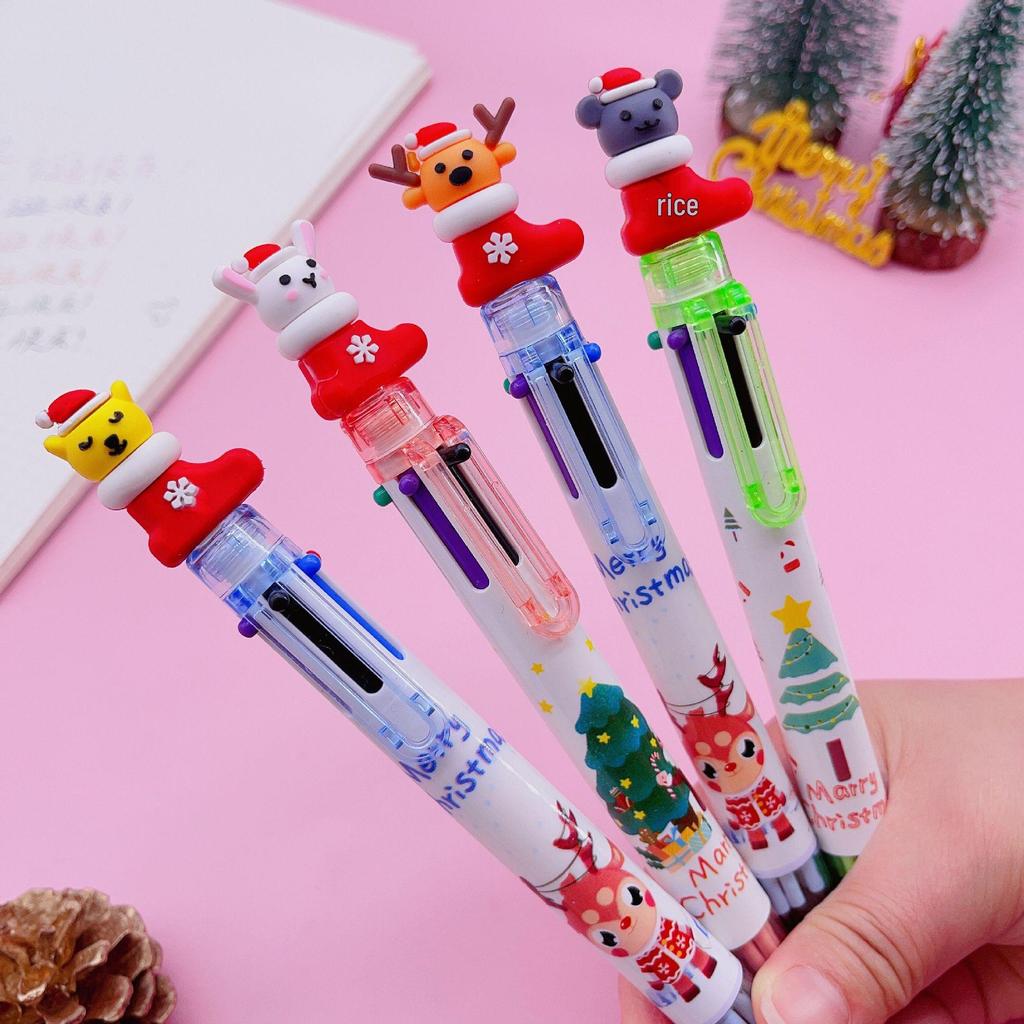 Christmas 6-Color Santa Claus Ballpoint Pen: Multi-Color Push-Button Journaling Pen for Students